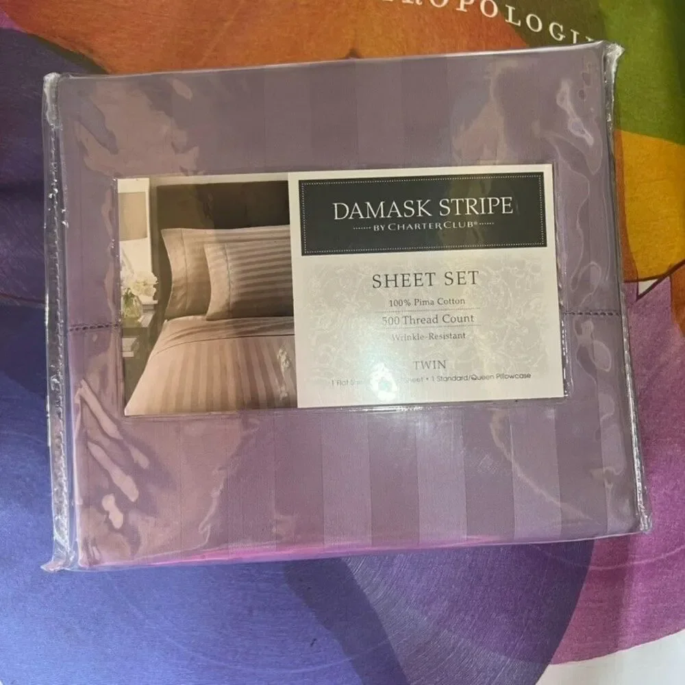 Charter Club 500 Thread Count Damask Stripe Twin Sheet Set Purple NEW!